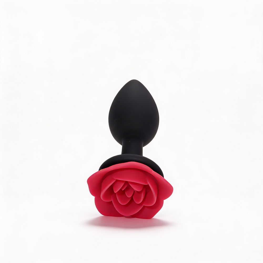 Анальные игрушки без вибрации - Анальная пробка ALUME, S, силиконовая черная с красной розой, 8 х 2,8 см 5