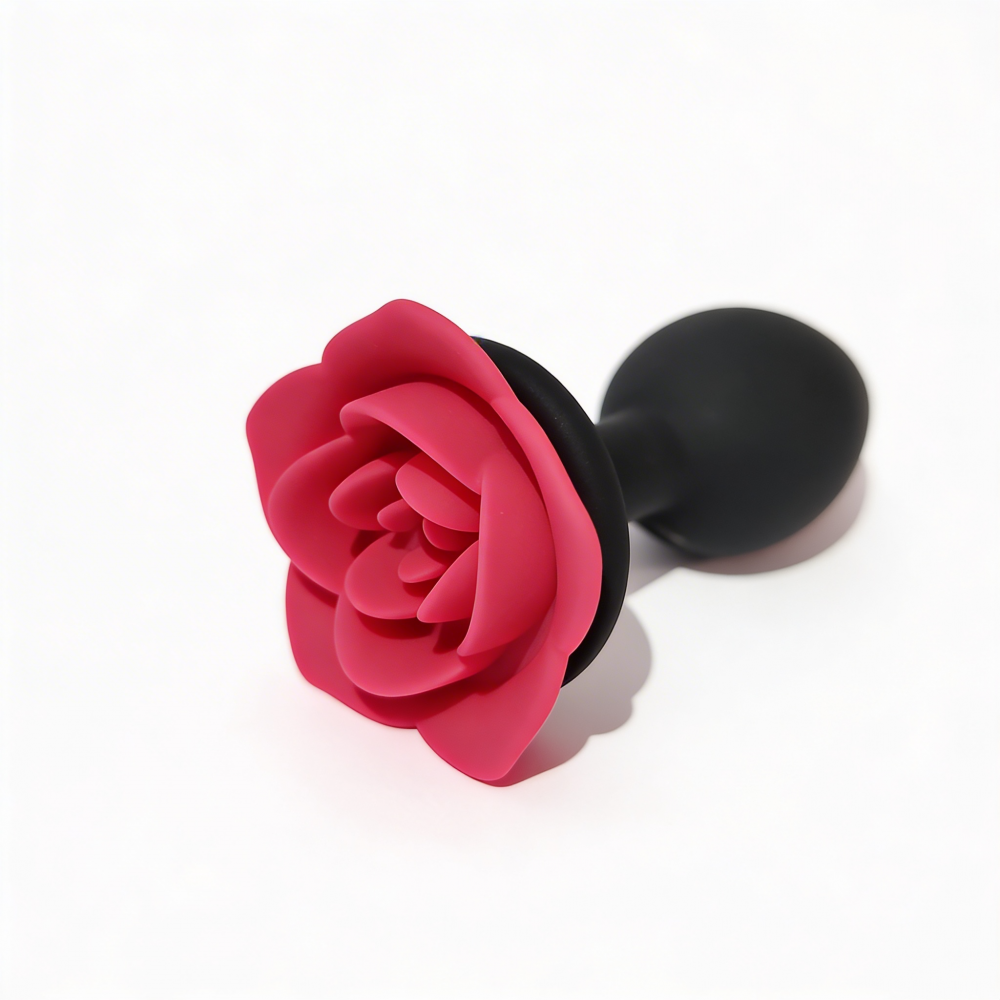 Анальные игрушки без вибрации - Анальная пробка ALUME, S, силиконовая черная с красной розой, 8 х 2,8 см 2