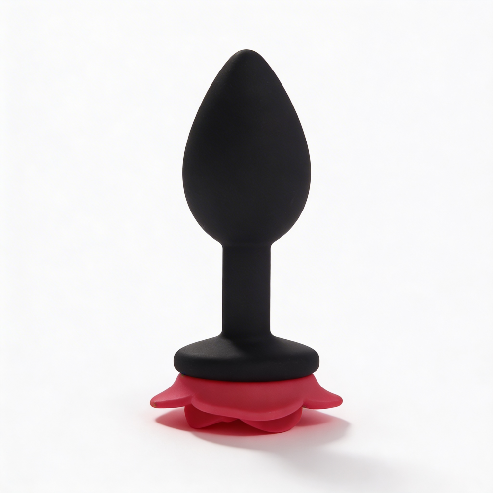 Анальные игрушки без вибрации - Анальная пробка ALUME, S, силиконовая черная с красной розой, 8 х 2,8 см 3