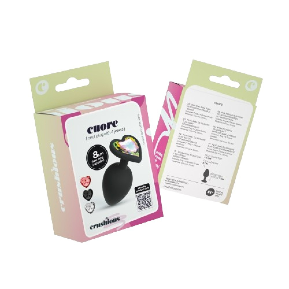 Анальные игрушки без вибрации - Анальная пробка Cuore Crushious, со сменными кристаллами, силиконовая, черная, 8 х 3.4 см, размер М 9