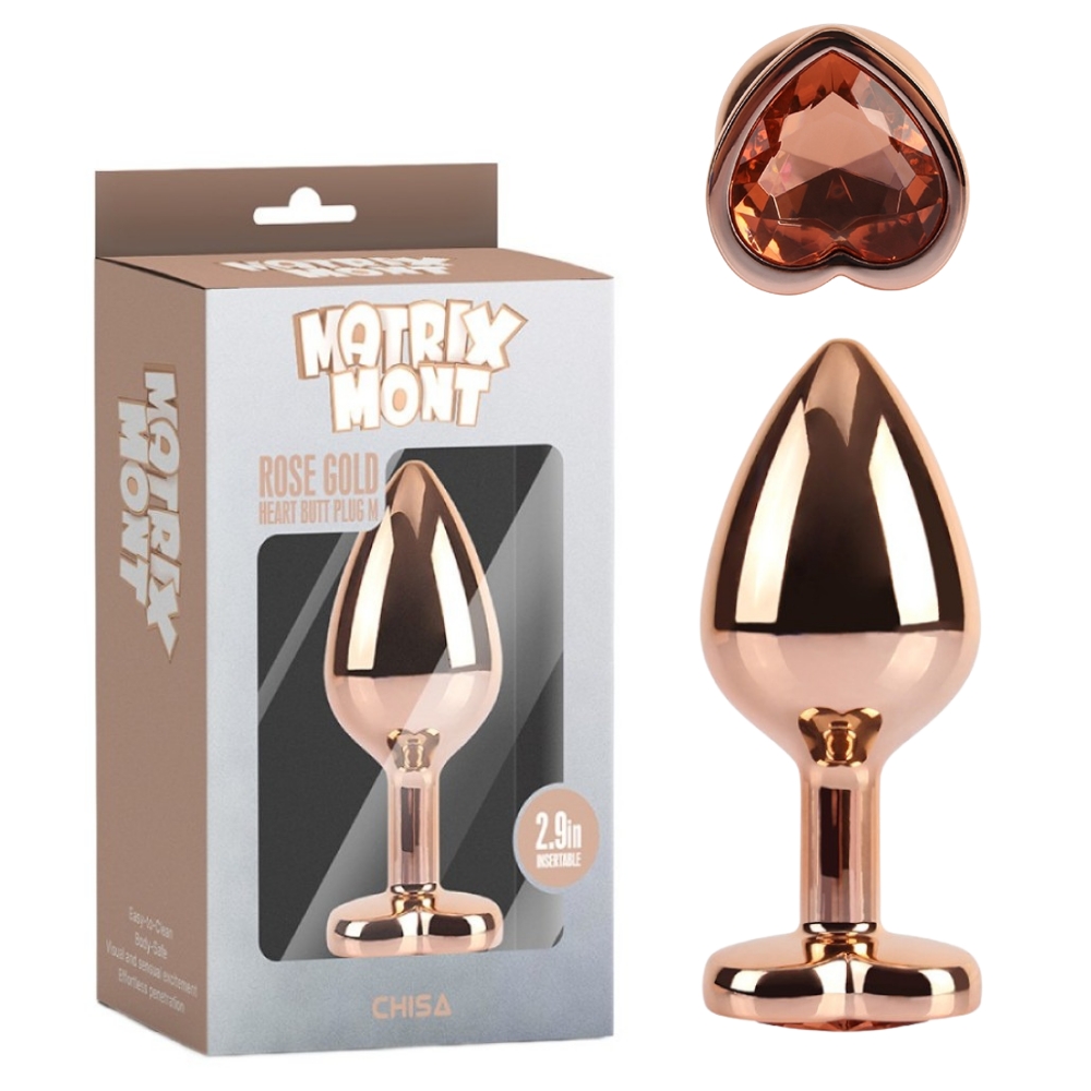 Анальные игрушки без вибрации - Анальная пробка золотая CHISA MATRIX MONT с золотым камнем в форме сердца, размер M
