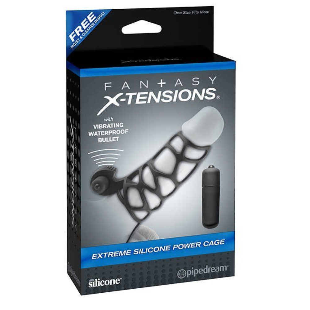 Эрекционные кольца с вибрацией - Эрекционная вибронасадка на пенис Pipedream Fantasy X-tensions с кольцом на мошонку, чёрная