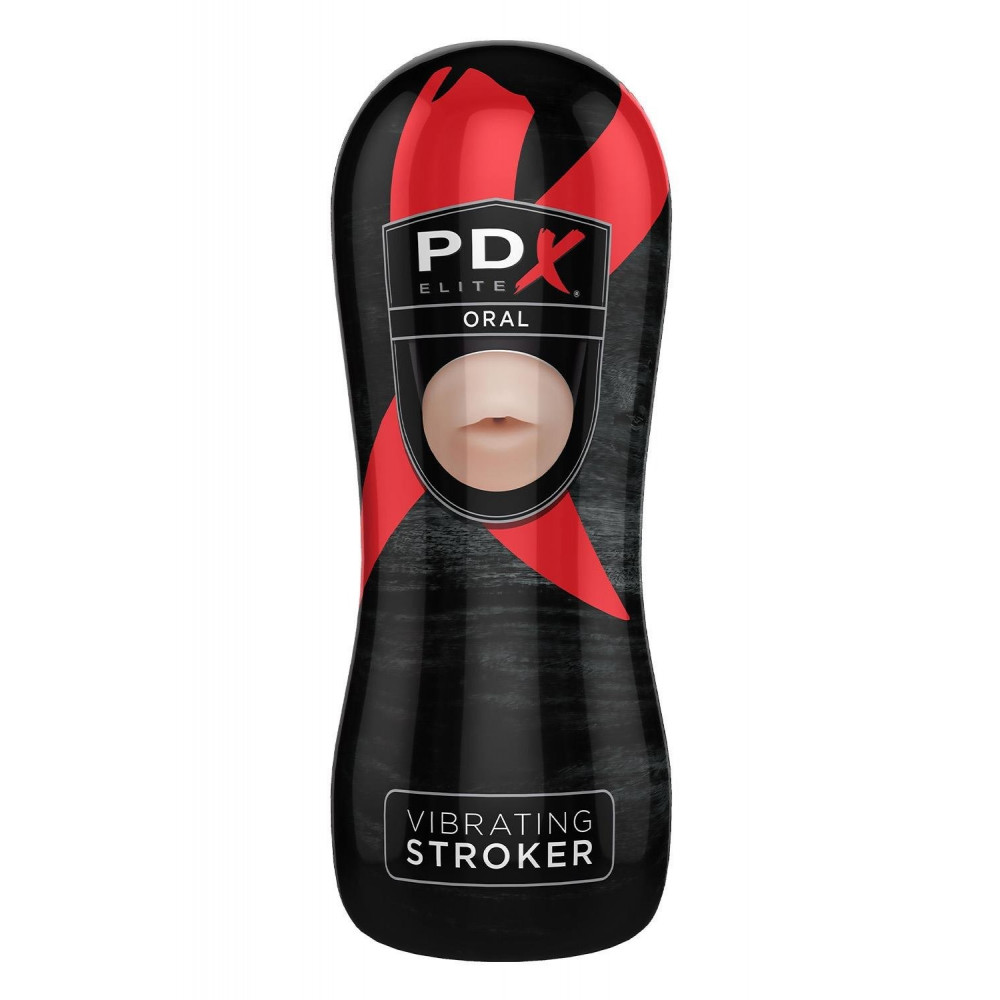 Мастурбаторы с вибрацией - Мастурбатор-рот в черной колбе Pipedream PDX Elite с вибрацией, телесный
