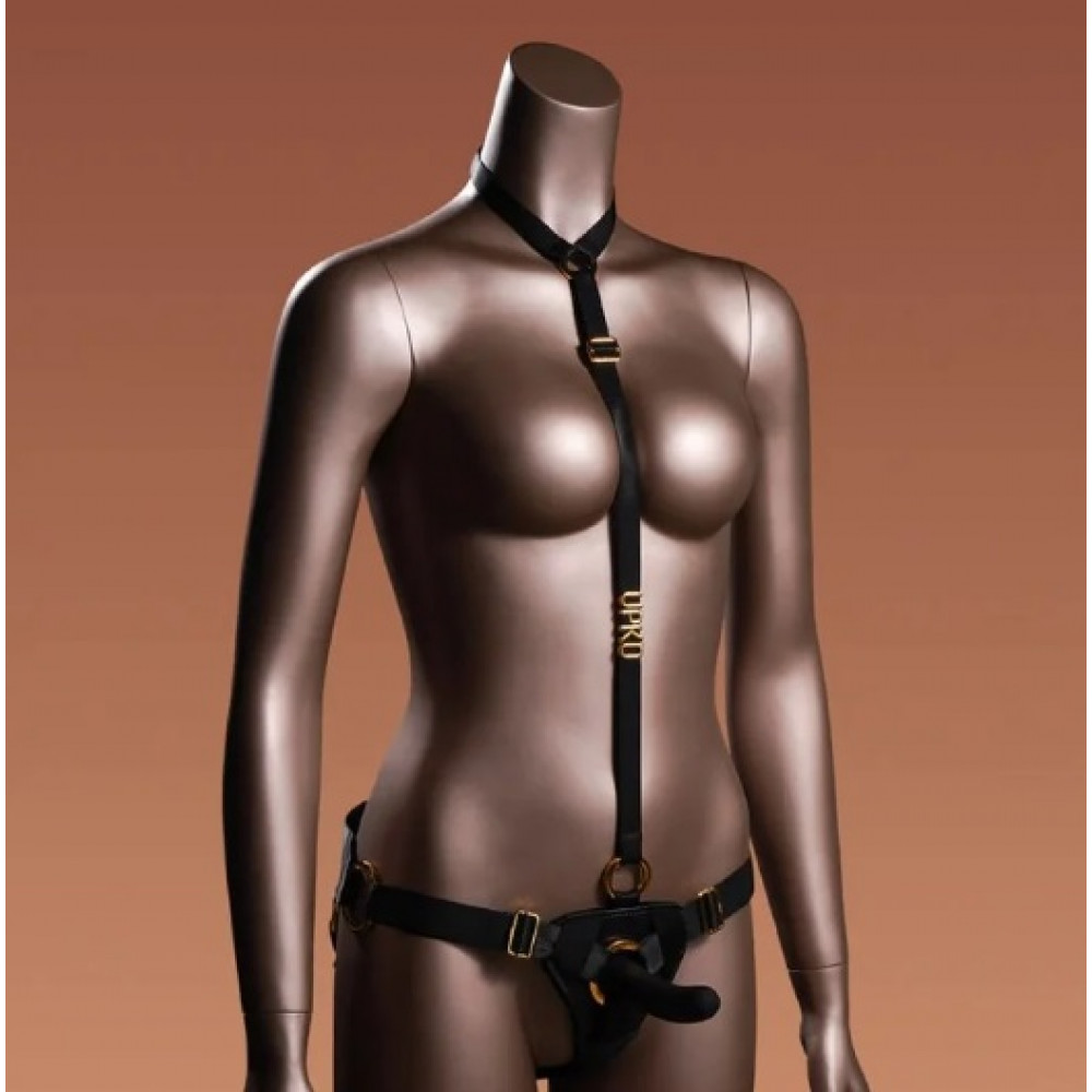 Різне - Страпон з нереалістичним фалоімітатором M UPKO, з нашийником, чорний