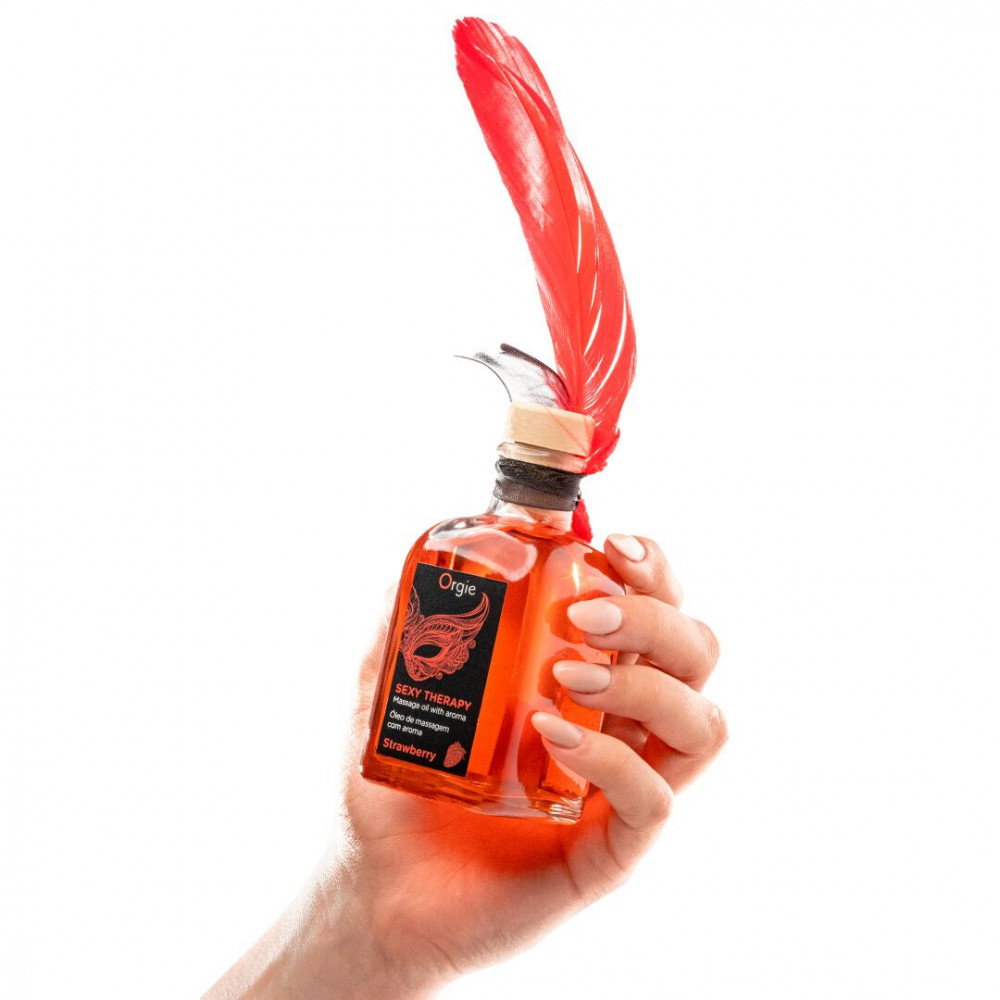 Для масажу - Набір для масажу Orgie – Sexy Therapy Strawberry (100 мл), їстівна розігрівальна олія + пір’їнка 1