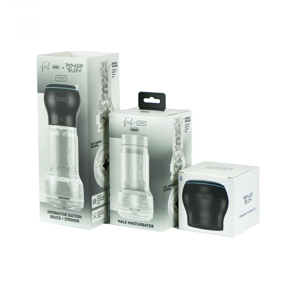 Мастурбаторы с вибрацией - Мастурбатор Kiiroo Feel Pocket Crystal с всасывающей интерактивной насадкой PowerBlow Combo Set 8