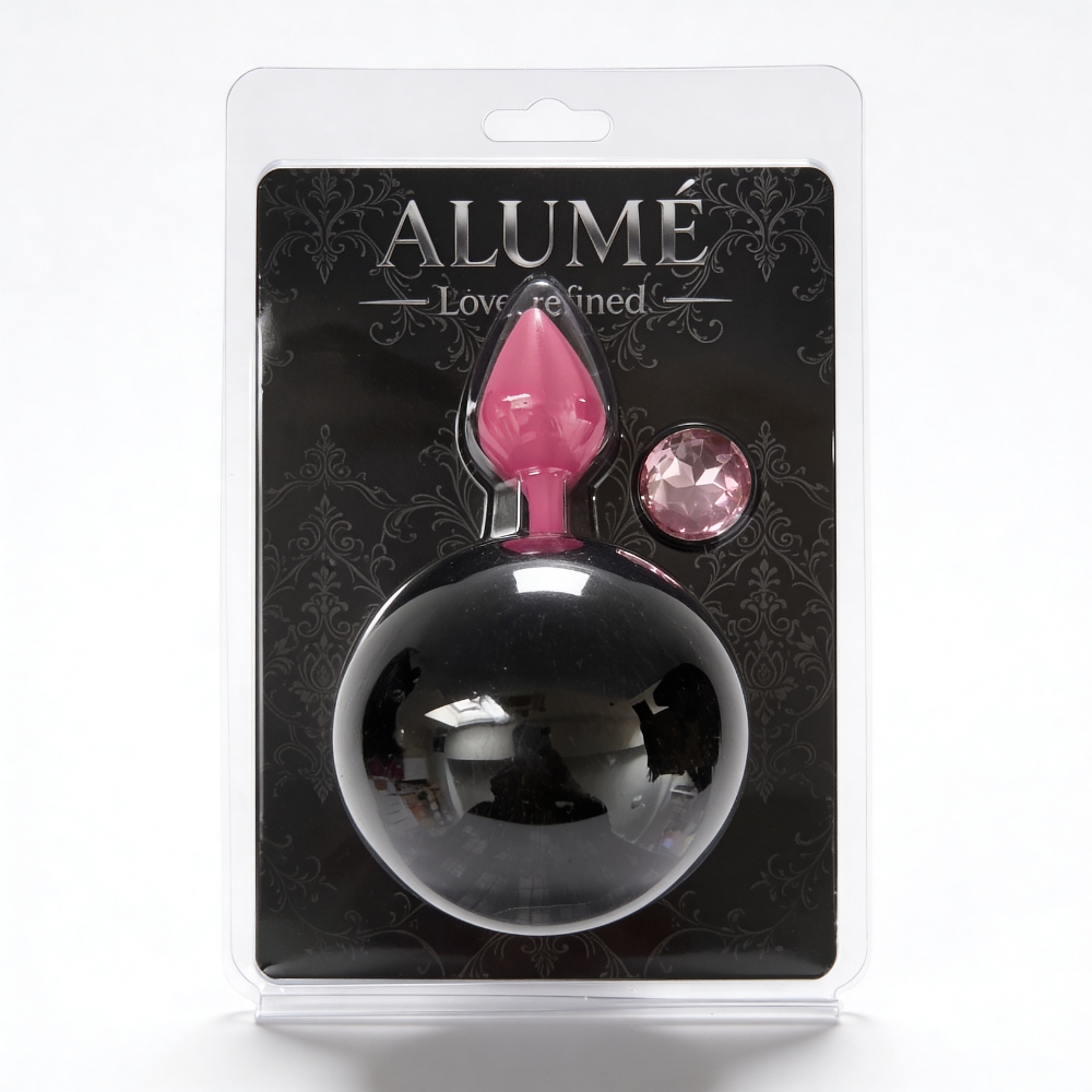 Анальные игрушки без вибрации - Анальная пробка рельефная ALUME, S, розовая с черным пушком и сменным розовым камнем, 7 х 2,8 см 1