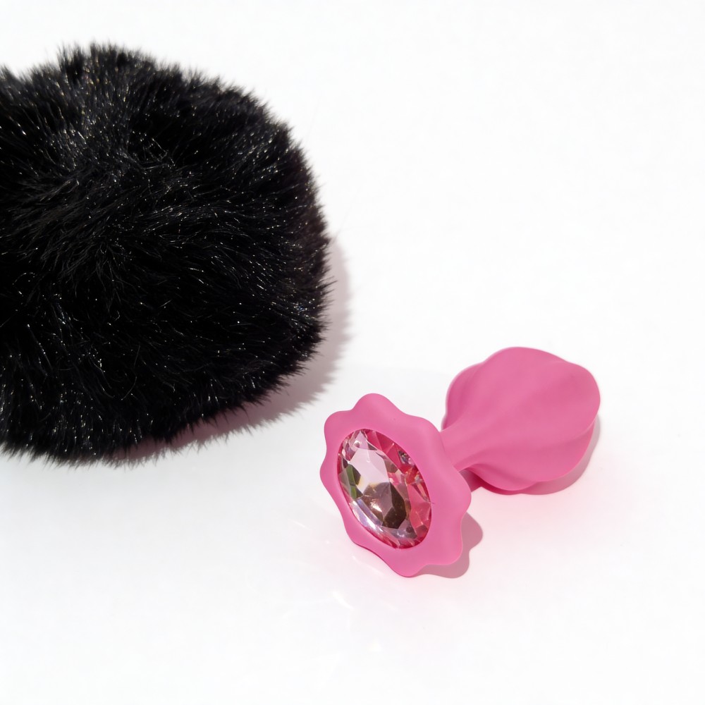 Анальные игрушки без вибрации - Анальная пробка рельефная ALUME, S, розовая с черным пушком и сменным розовым камнем, 7 х 2,8 см 9