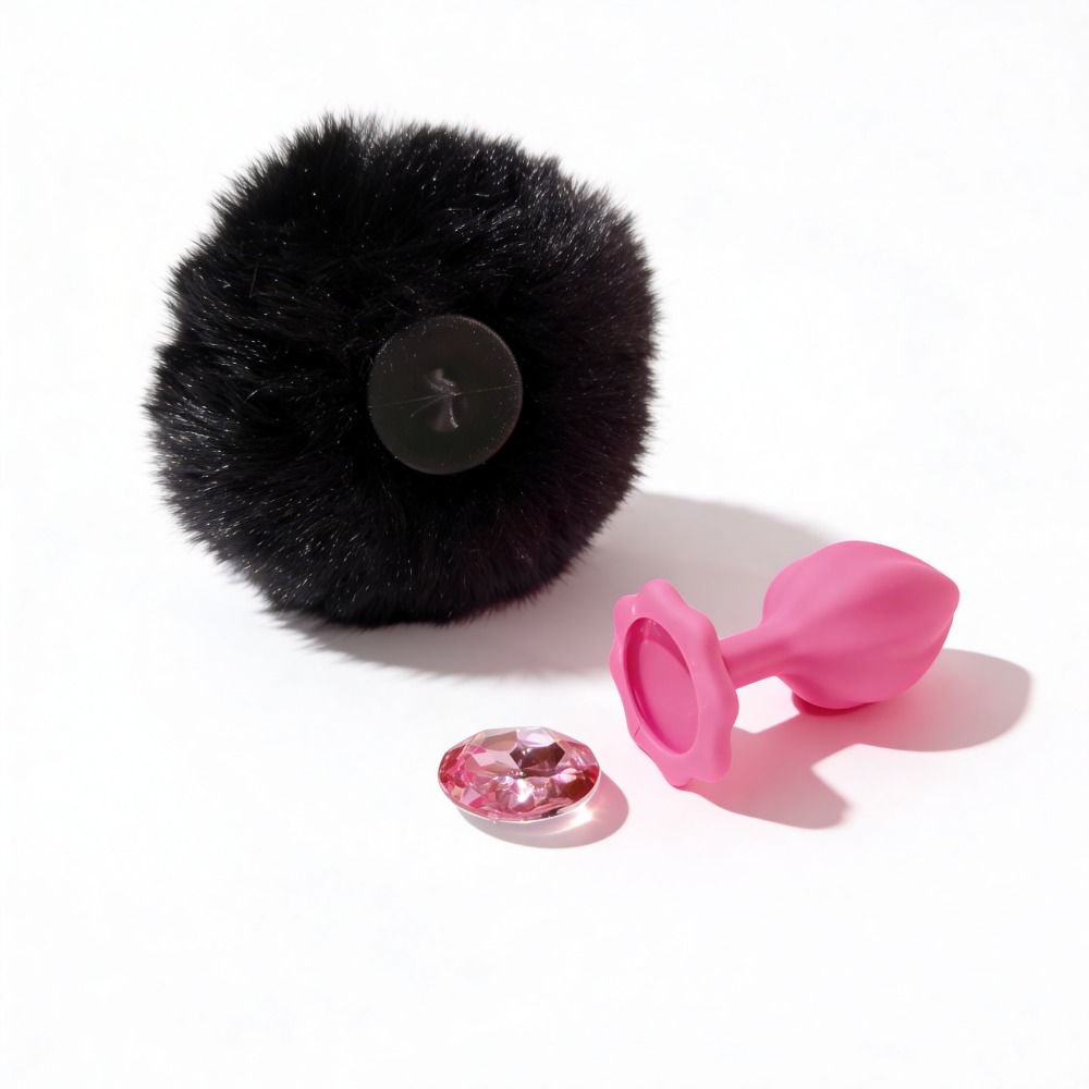 Анальные игрушки без вибрации - Анальная пробка рельефная ALUME, S, розовая с черным пушком и сменным розовым камнем, 7 х 2,8 см 12