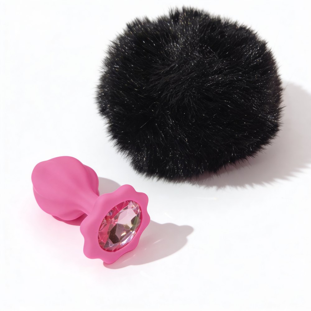 Анальные игрушки без вибрации - Анальная пробка рельефная ALUME, S, розовая с черным пушком и сменным розовым камнем, 7 х 2,8 см 6
