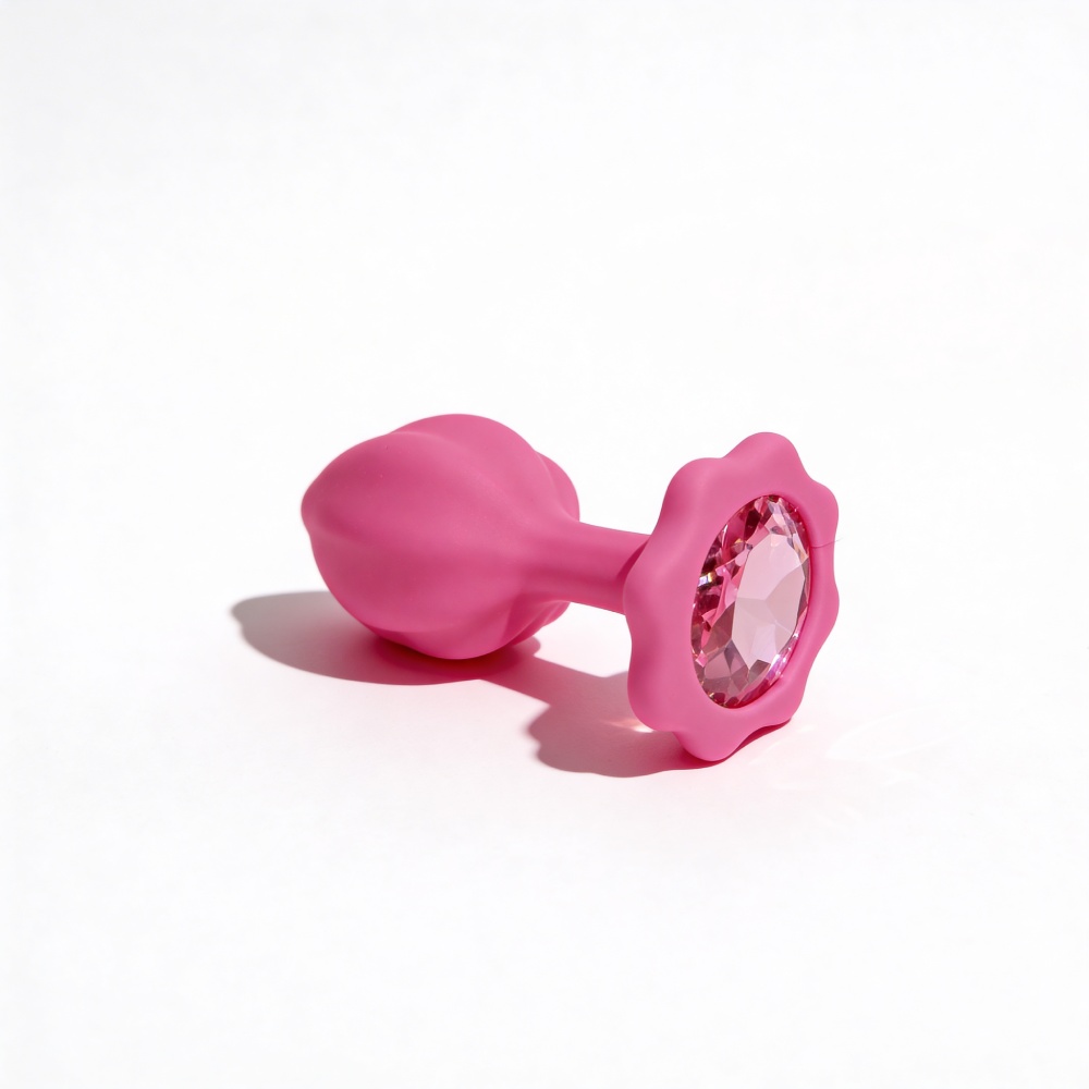 Анальные игрушки без вибрации - Анальная пробка рельефная ALUME, S, розовая с черным пушком и сменным розовым камнем, 7 х 2,8 см 10