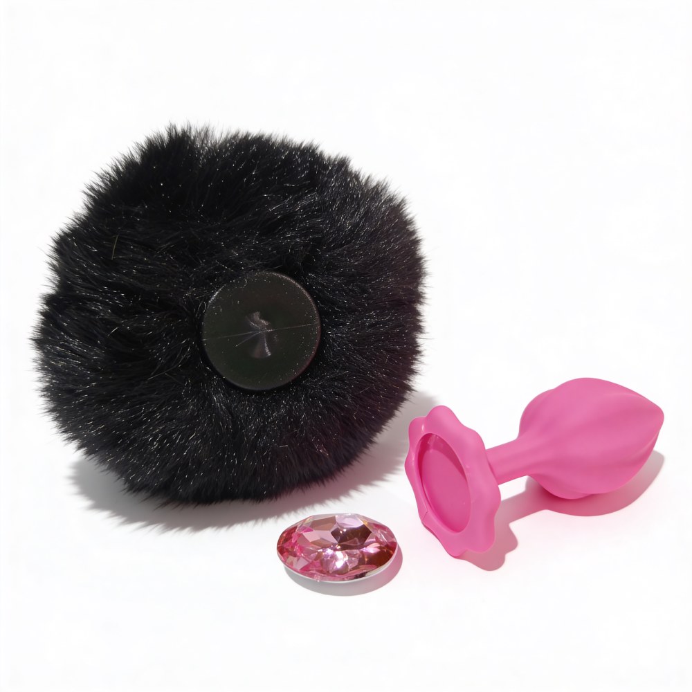 Анальные игрушки без вибрации - Анальная пробка рельефная ALUME, S, розовая с черным пушком и сменным розовым камнем, 7 х 2,8 см 2