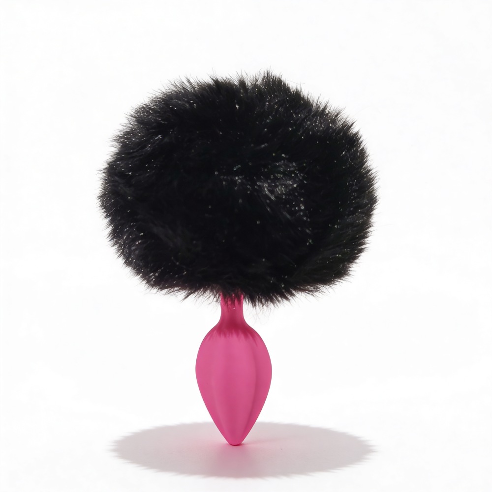 Анальные игрушки без вибрации - Анальная пробка рельефная ALUME, S, розовая с черным пушком и сменным розовым камнем, 7 х 2,8 см 8
