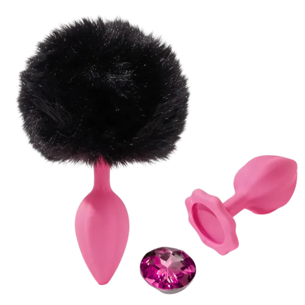Анальные игрушки без вибрации - Анальная пробка рельефная ALUME, S, розовая с черным пушком и сменным розовым камнем, 7 х 2,8 см