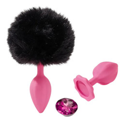 Анальная пробка рельефная ALUME, S, розовая с черным пушком и сменным розовым камнем, 7 х 2,8 см
