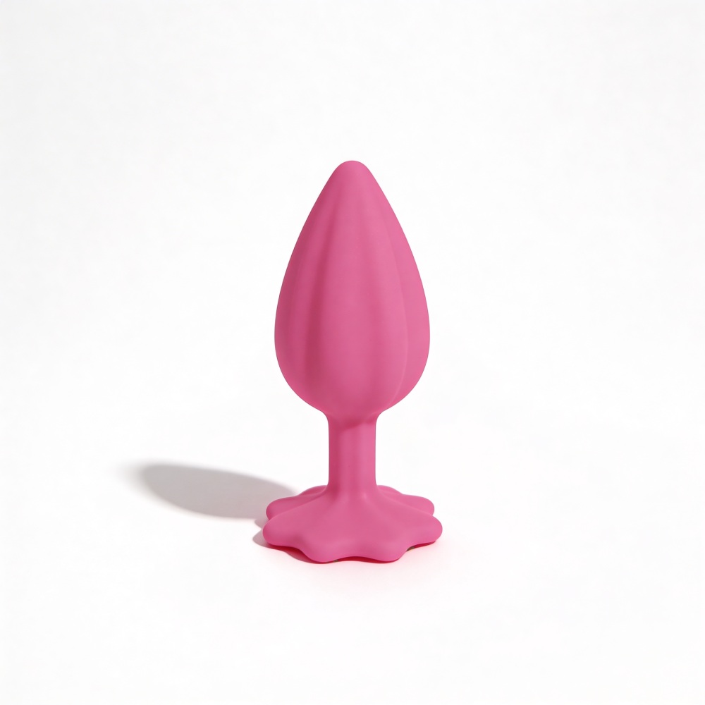 Анальные игрушки без вибрации - Анальная пробка рельефная ALUME, S, розовая с черным пушком и сменным розовым камнем, 7 х 2,8 см 11