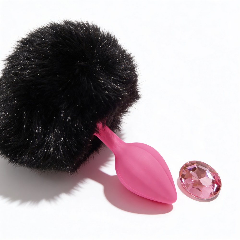 Анальные игрушки без вибрации - Анальная пробка рельефная ALUME, S, розовая с черным пушком и сменным розовым камнем, 7 х 2,8 см 4