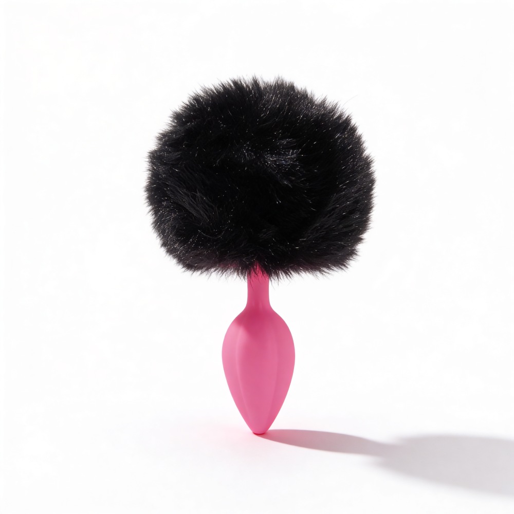 Анальные игрушки без вибрации - Анальная пробка рельефная ALUME, S, розовая с черным пушком и сменным розовым камнем, 7 х 2,8 см 3
