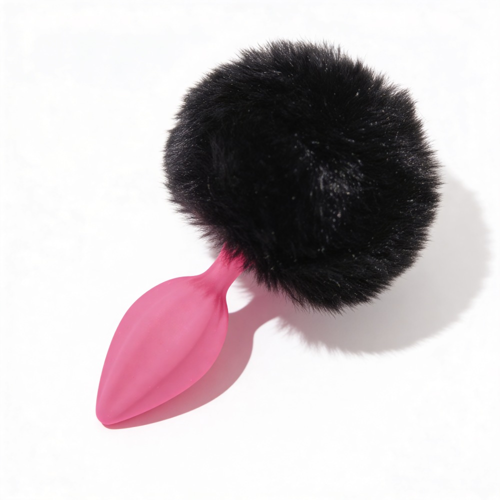 Анальные игрушки без вибрации - Анальная пробка рельефная ALUME, S, розовая с черным пушком и сменным розовым камнем, 7 х 2,8 см 7