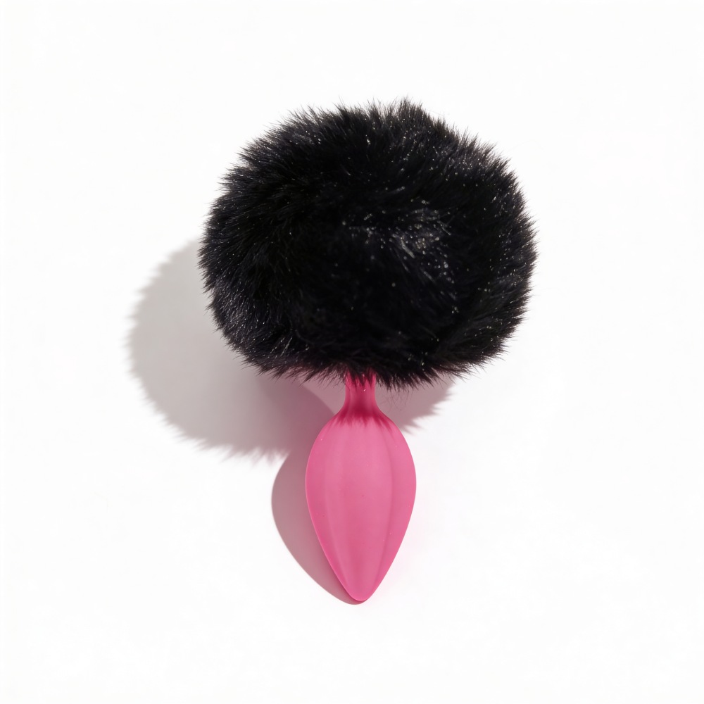 Анальные игрушки без вибрации - Анальная пробка рельефная ALUME, S, розовая с черным пушком и сменным розовым камнем, 7 х 2,8 см 5