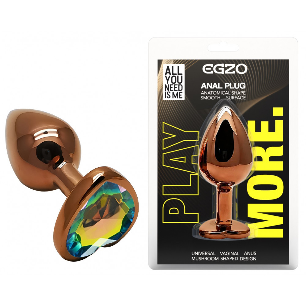 Анальные игрушки без вибрации - Анальная пробка с кристаллом EGZO - Dark Gold Heart Plug Rainbow, size S