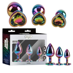 Набор анальных пробок разноцветные CHISA MATRIX MONT с разноцветным камнем в форме сердца, 3 шт