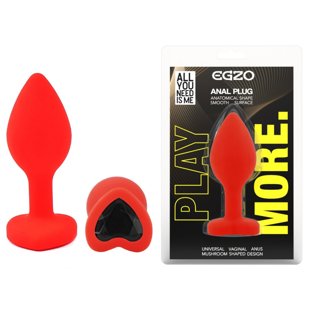 Анальные игрушки без вибрации - Силиконовая анальная пробка EGZO - Silicone Red Heart Plug Black, size S