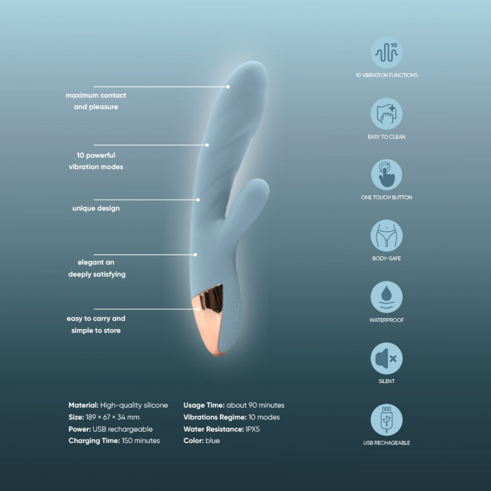 Вибратор-кролик - Вибратор кролик с функцией нагрева +10 режимов вибрации Sweet Em Velvet Lure, голубой 14