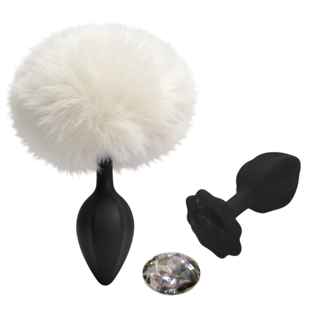 Анальные игрушки без вибрации - Анальная пробка рельефная ALUME, S, черная с белым пушком и сменным прозрачным камнем, 7 х 2,8 см