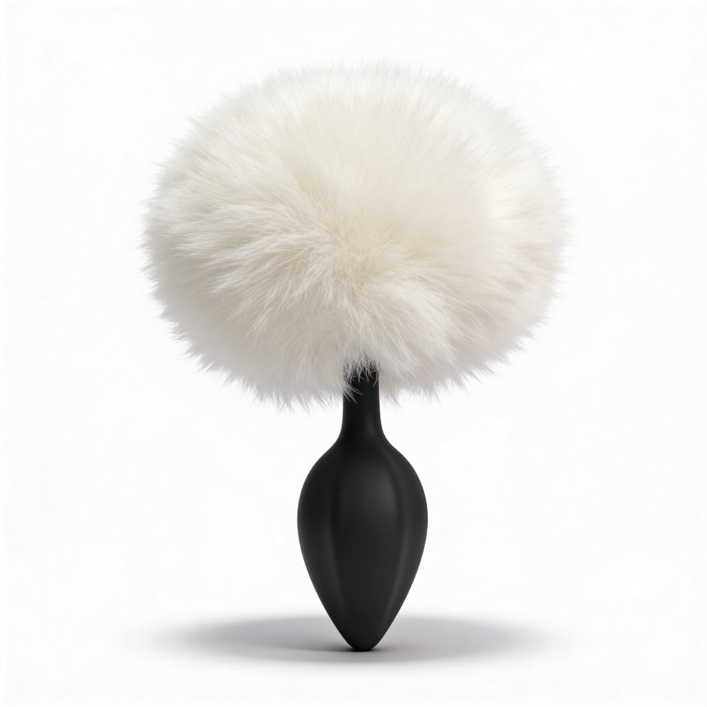 Анальные игрушки без вибрации - Анальная пробка рельефная ALUME, S, черная с белым пушком и сменным прозрачным камнем, 7 х 2,8 см 2
