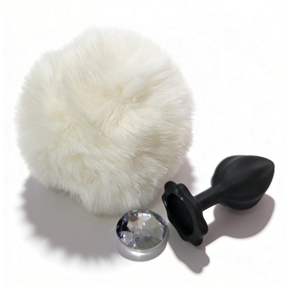 Анальные игрушки без вибрации - Анальная пробка рельефная ALUME, S, черная с белым пушком и сменным прозрачным камнем, 7 х 2,8 см 3