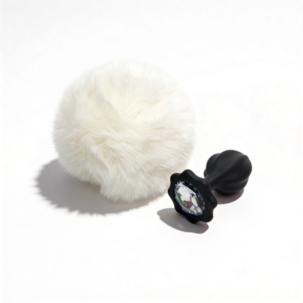 Анальные игрушки без вибрации - Анальная пробка рельефная ALUME, S, черная с белым пушком и сменным прозрачным камнем, 7 х 2,8 см 6