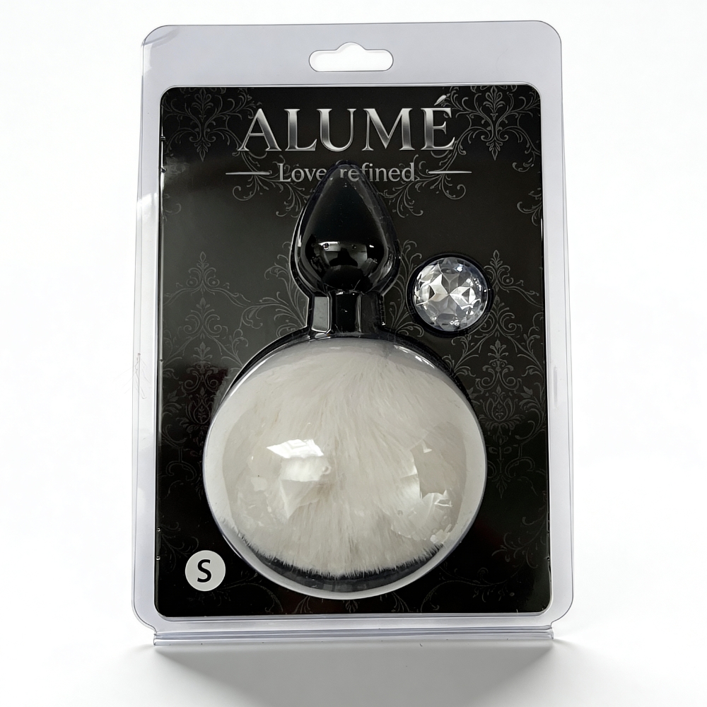 Анальные игрушки без вибрации - Анальная пробка рельефная ALUME, S, черная с белым пушком и сменным прозрачным камнем, 7 х 2,8 см 1