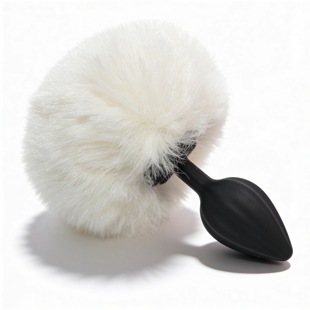 Анальные игрушки без вибрации - Анальная пробка рельефная ALUME, S, черная с белым пушком и сменным прозрачным камнем, 7 х 2,8 см 4