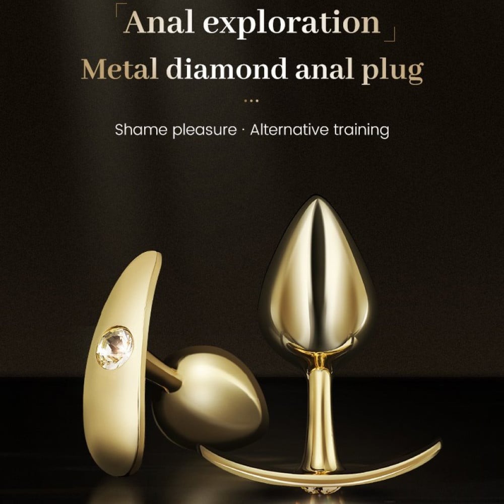 Анальные игрушки без вибрации - Анальная пробка Roomfun с камешком, золотистая, L 7