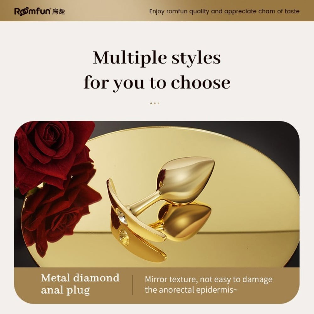 Анальные игрушки без вибрации - Анальная пробка Roomfun с камешком, золотистая, L 8