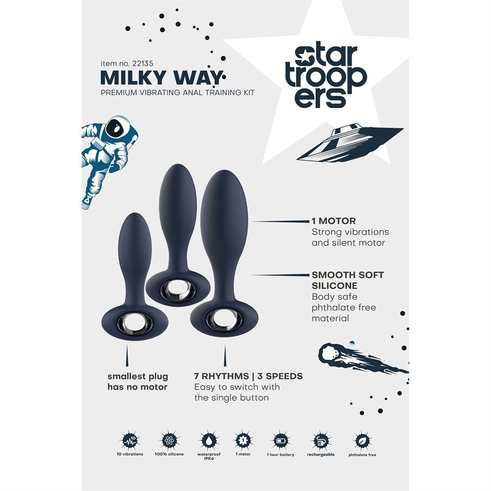 Анальные игрушки с вибрацией - Набор анальных стимуляторов, S, M, L, Dream Toys Startroopers Milky Way, два с вибрацией, синий 13