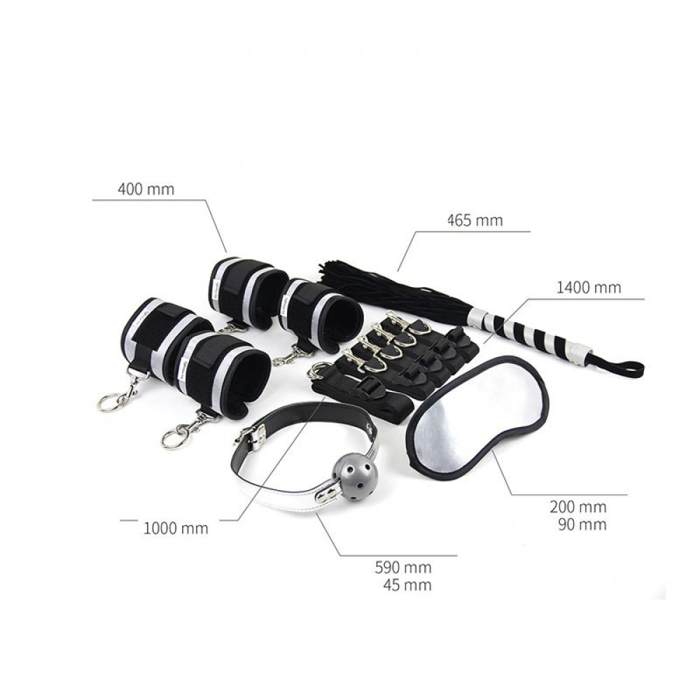 Різне - Набір БДСМ Roomfun Bedroom Restraint Kit фіксатори, батіг, кляп, маска, чорний-сірий 2