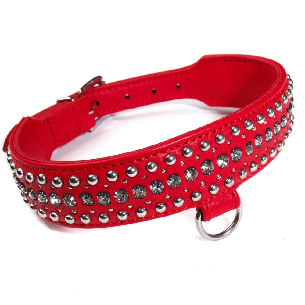 Разное - Ошейник кожаный со стразами DS Fetish красный (Голландия)