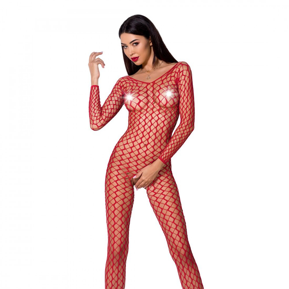 Бодистокинг - Бодистокинг Passion BS068 red, комбинезон, крупная сетка, длинный рукав
