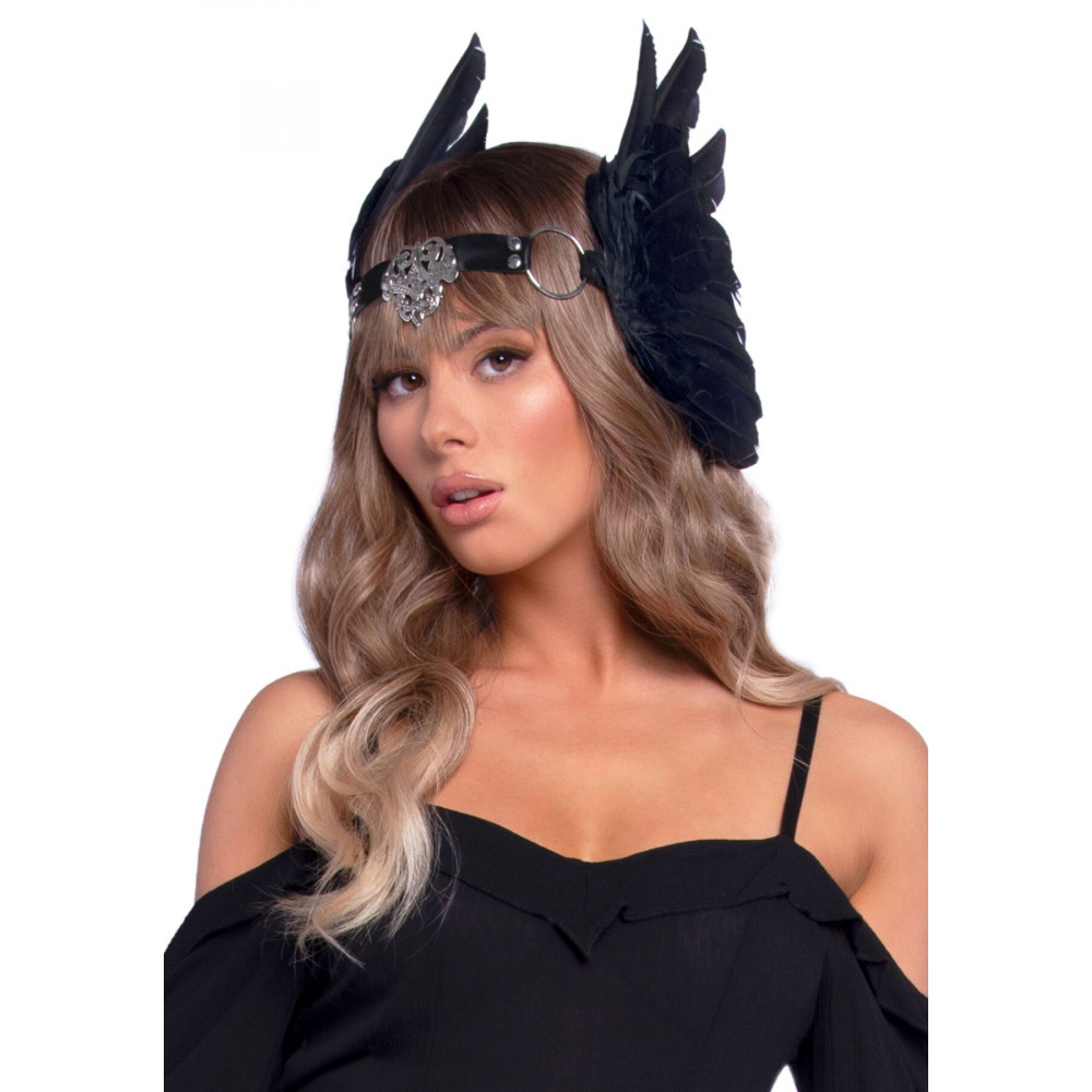 Маски - Повязка на голову с крыльями Leg Avenue Feather headband Black, перья и натуральная кожа