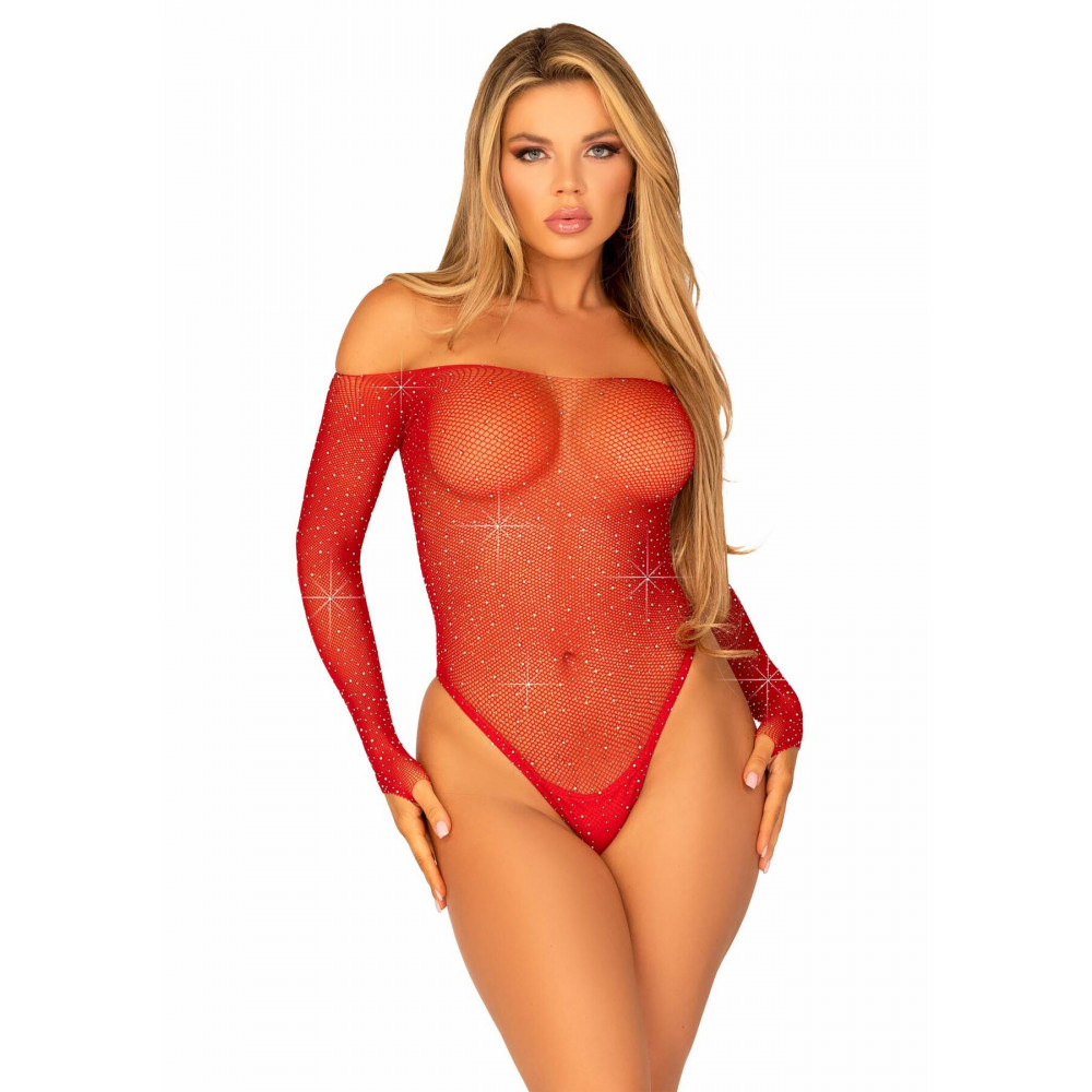 Эротическое боди - Боди Leg Avenue Crystalized fishnet bodysuit Red One Size
