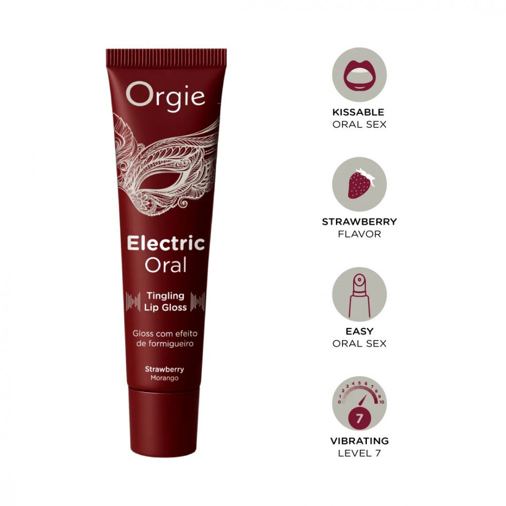 - Виброблеск для губ Orgie Electric Oral Lips Gloss Strawberry 10 мл, с эффектом покалывания 1