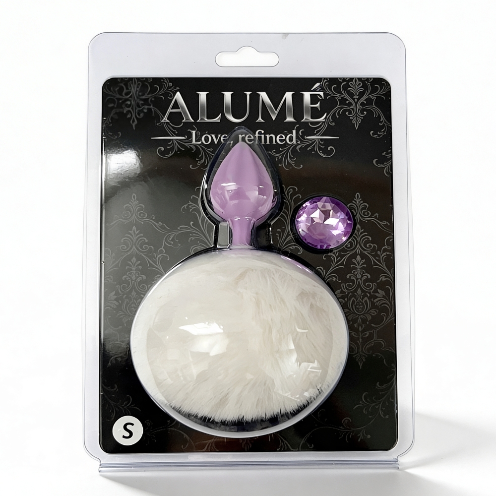 Анальные игрушки без вибрации - Анальная пробка рельефная ALUME, S, лиловая с белым пушком и сменным лиловым камнем, 7 х 2,8 см 1