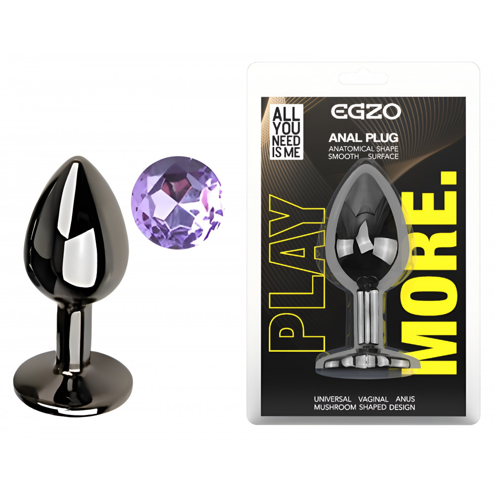 Анальные игрушки без вибрации - Анальная пробка с кристаллом EGZO - Dark Gray Round Plug Amethyst, size S