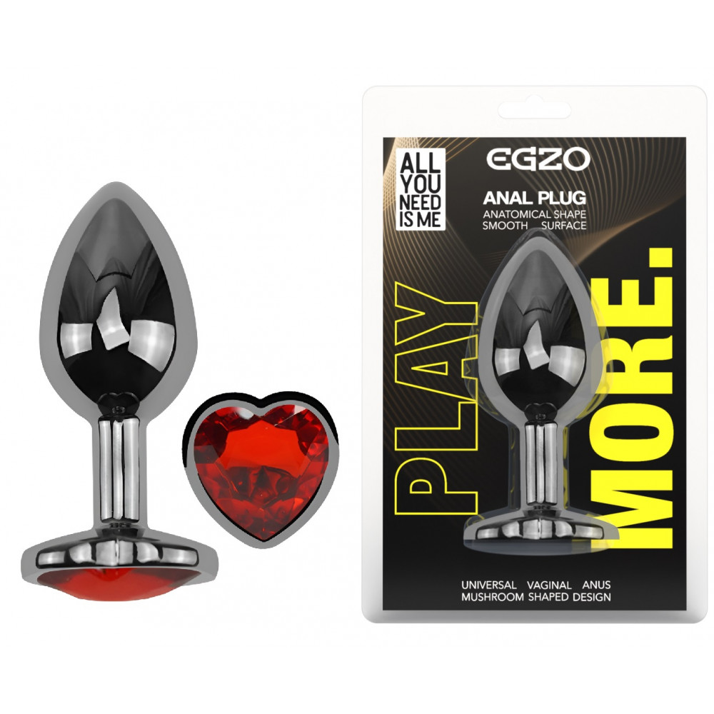  - Анальная пробка с кристаллом EGZO - Dark Silver Heart Plug Red size M