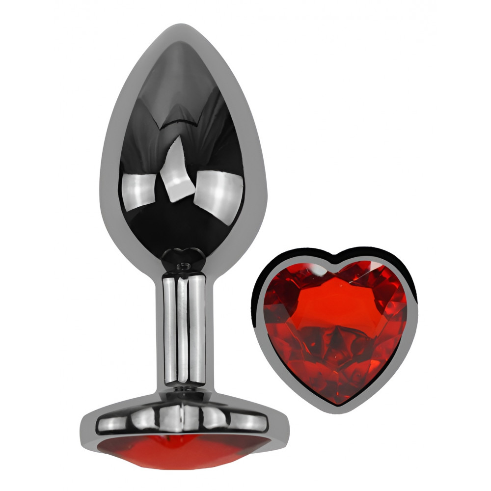  - Анальная пробка с кристаллом EGZO - Dark Silver Heart Plug Red size M 1