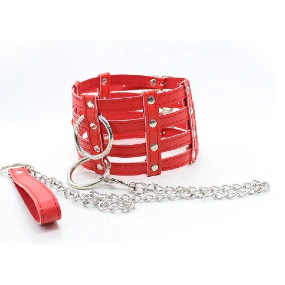 БДСМ игрушки - Ошейник с поводком-цепочкой DS Fetish Collar with chain leash red