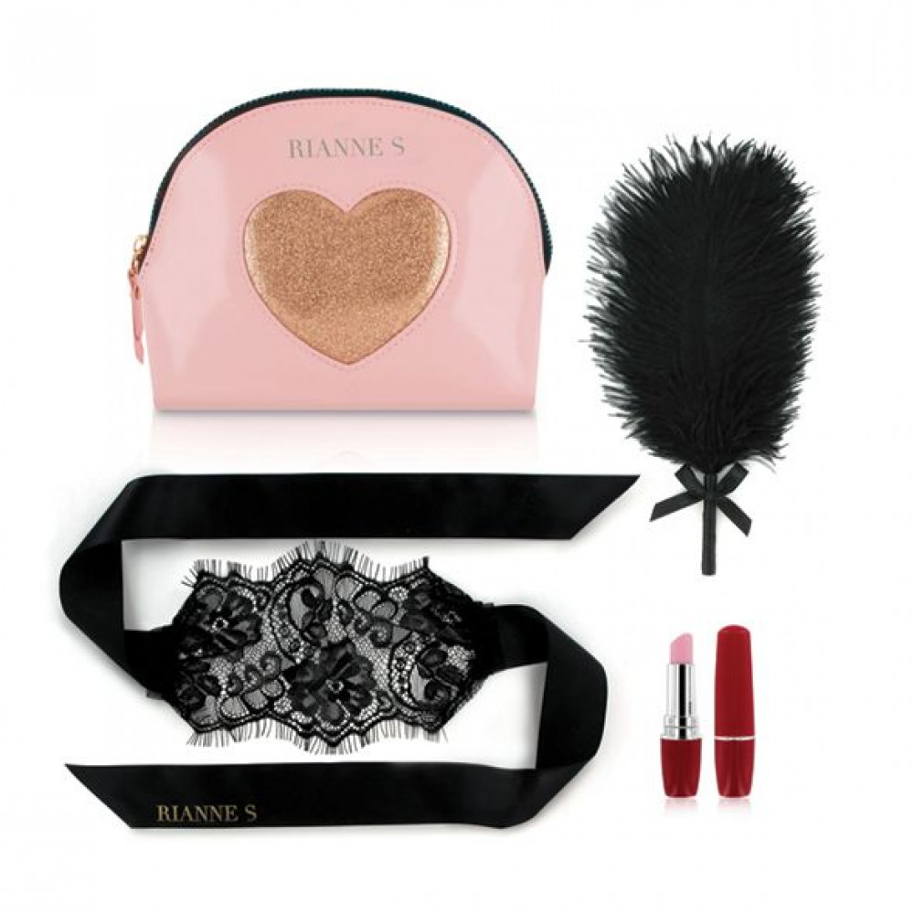 Подарочные наборы - Романтический набор Rianne S: Kit d'Amour: вибропуля, перышко, маска, чехол-косметичка Pink/Gold