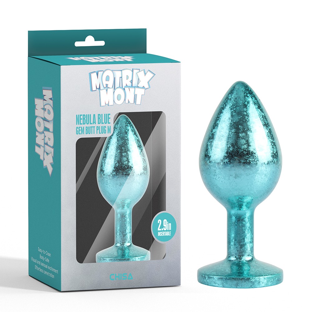 Анальные игрушки без вибрации - Анальная пробка голубая поталь CHISA MATRIX MONT с голубым камнем, размер M 7